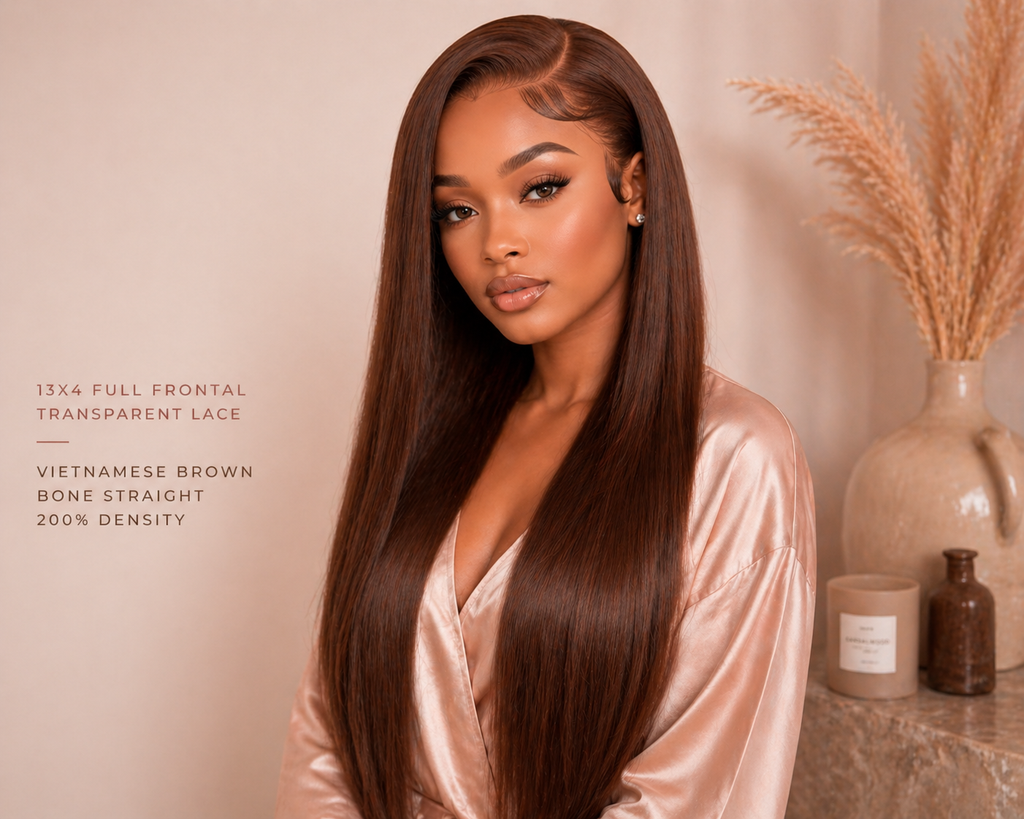 Vietnamese Brown Bone Straight 13x4 HD Lace Frontal Wig – 200% Density Human Hair